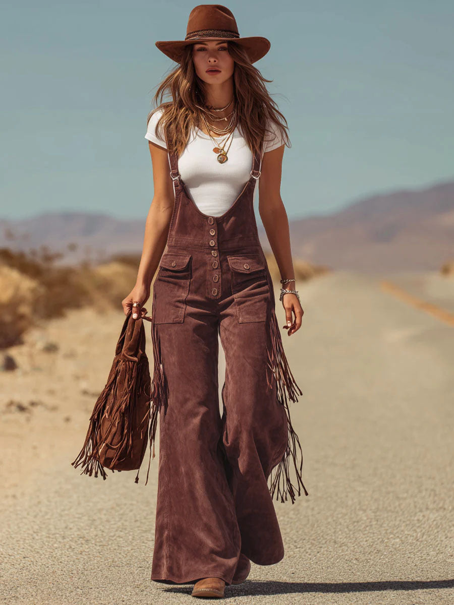 Brown Micro-suede Pocket Tassel Wide-leg Overalls