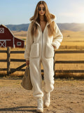 Casual Loose Vintage Polar Fleece Pocket Zipper Hooded Jumpsuit