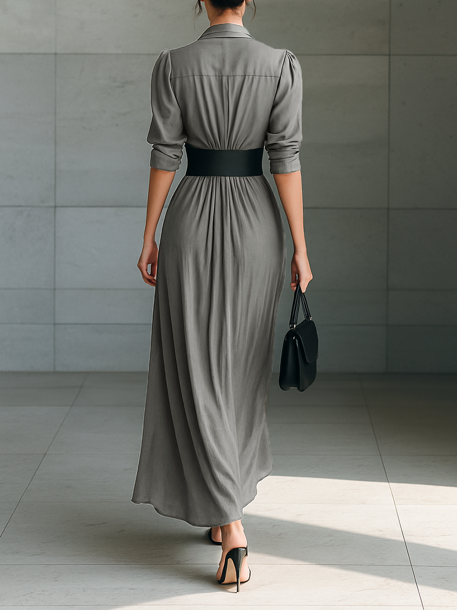 Ladies Lapel Long Sleeve Single Breasted Belt Maxi Dress