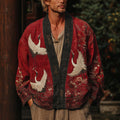 Japanese Cranes With Floral Art Linen Blend Kimono Cardigan