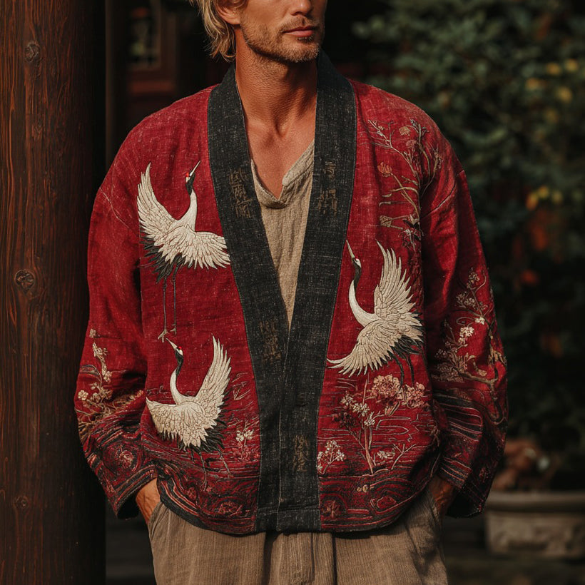 Japanese Cranes With Floral Art Linen Blend Kimono Cardigan