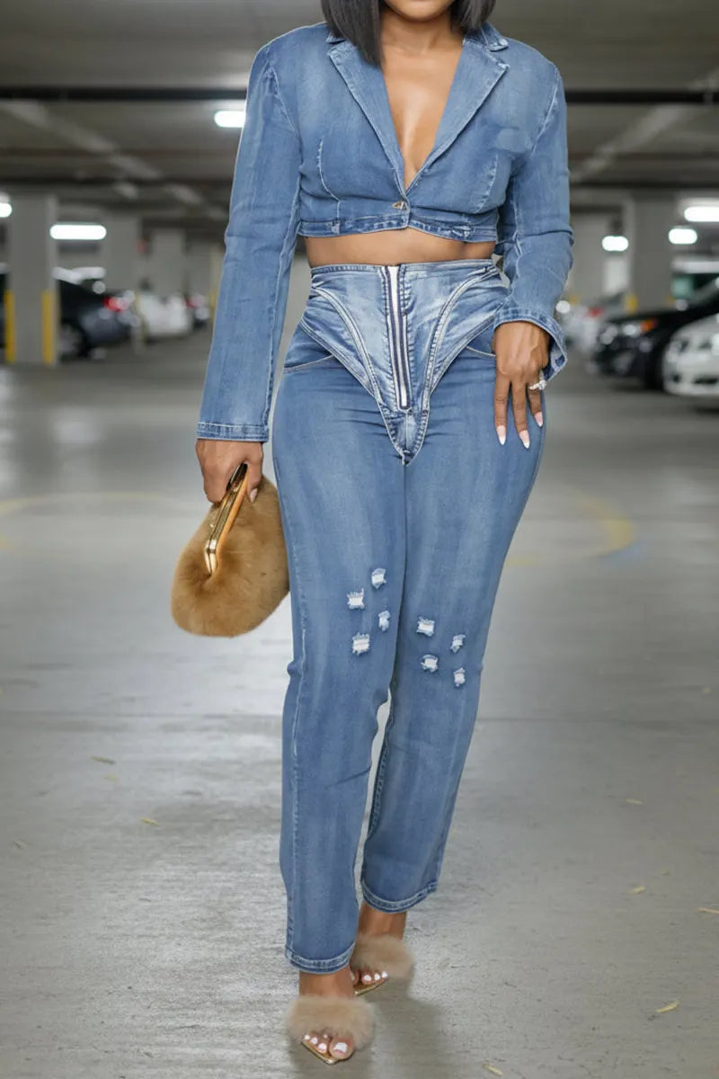 Women's Casual Lapel Cropped Denim Jacket Or Skinny Distressed Patchwork Jeans
