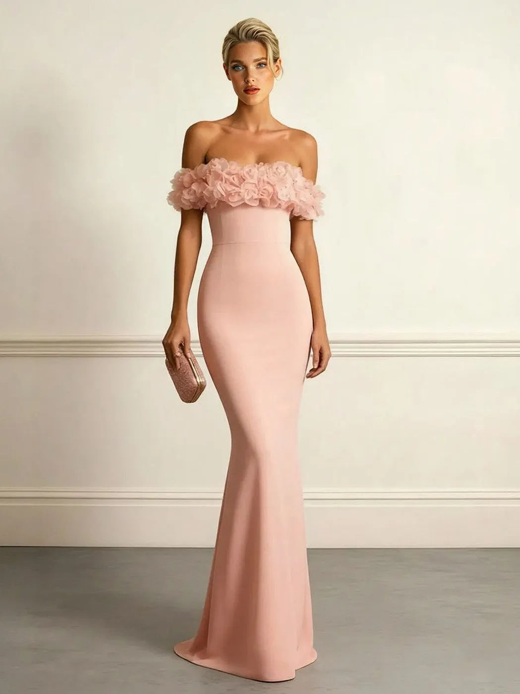 Elegant Floral Applique Off-Shoulder Maxi Dress