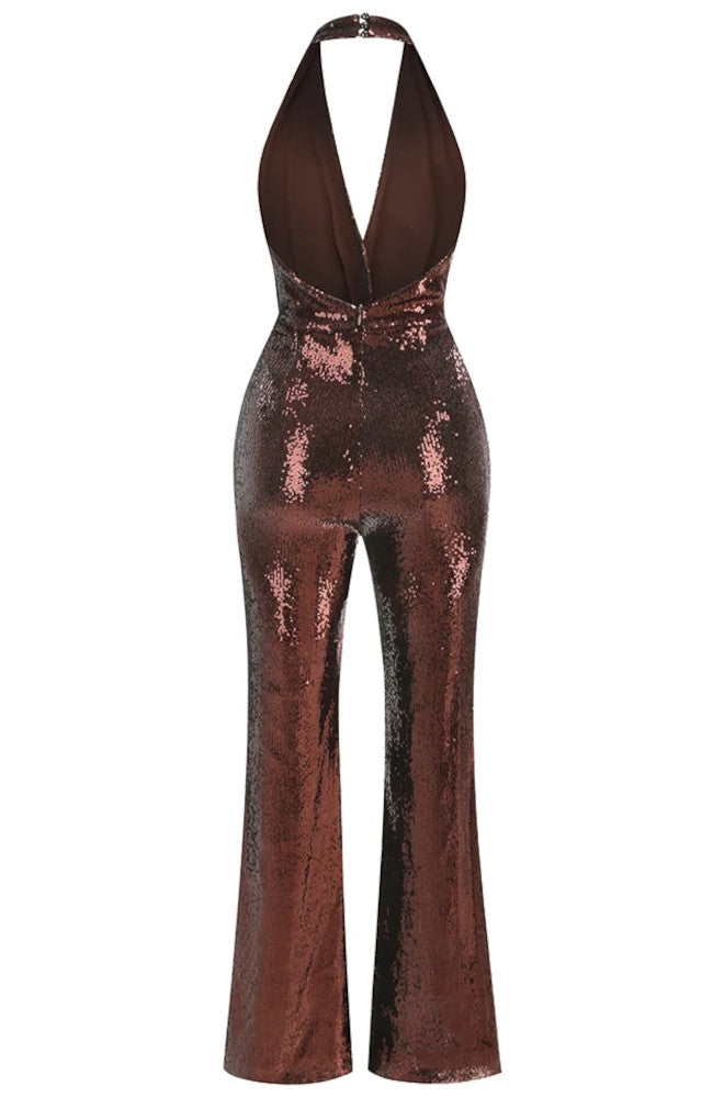 Halter Draped Sequin Jumpsuit Brown