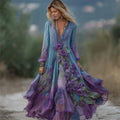 Vintage Purple Roses Ruffle Layered Gradient Flowy Maxi Dress