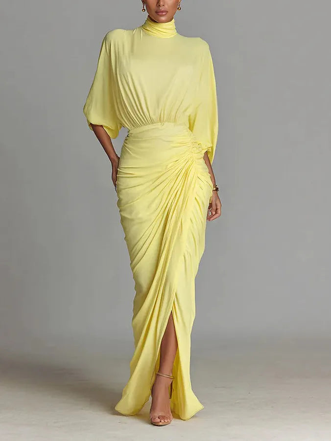 Elegant High-neck Half-sleeve Pleated Maxi Dress