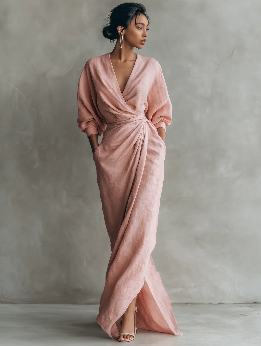 Women's  Pink Minimalist V-neck Linen Blend Maxi Dress MDA1655L0Y