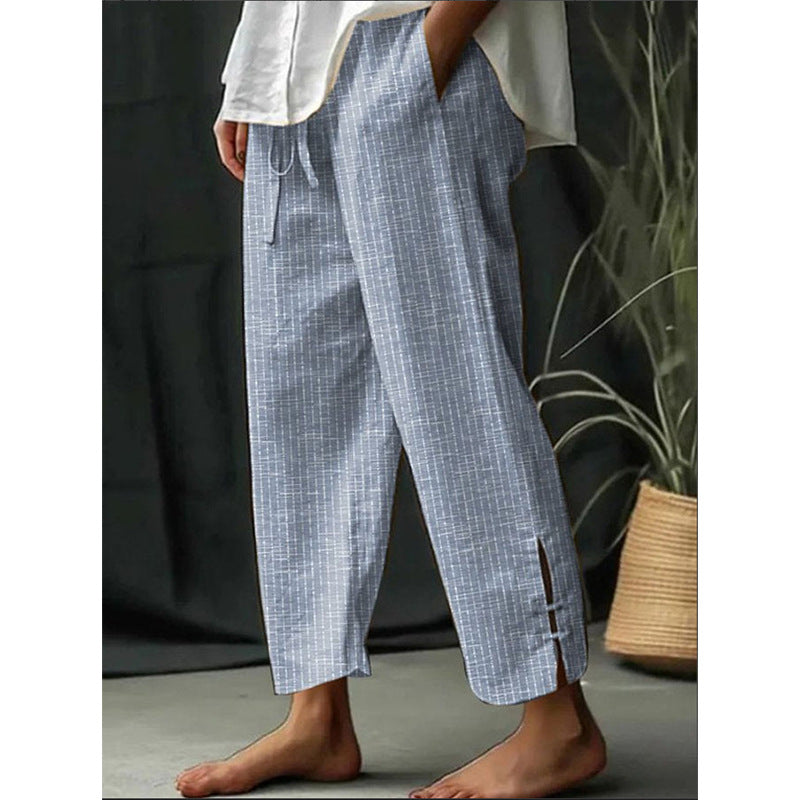 Women's Vintage Stripe Art Printed Cotton And Linen Casual Pants