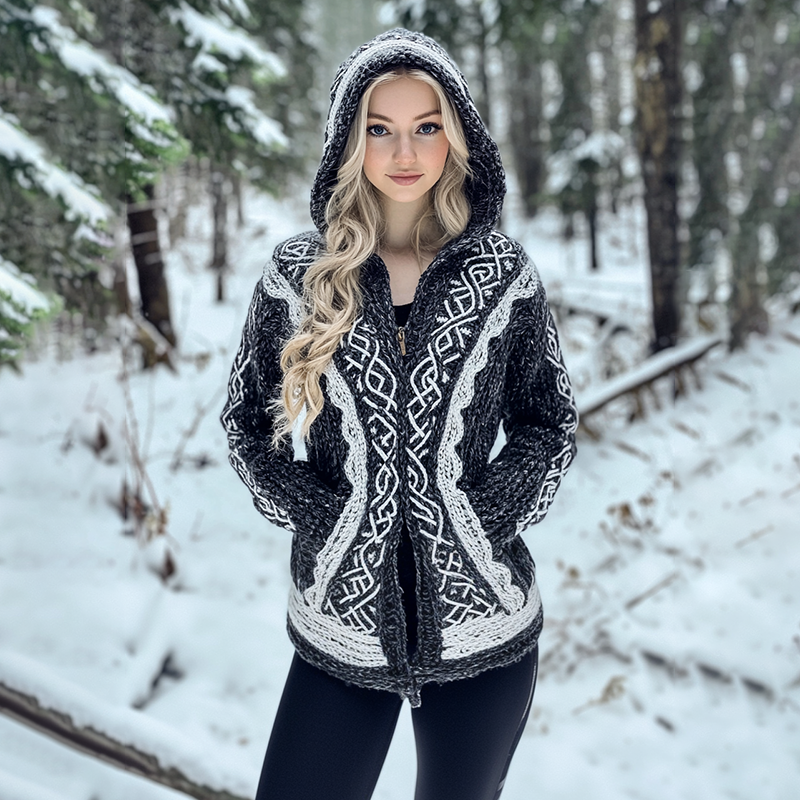 Women's Vintage Celtic Knot Jacquard Cozy Knit Hooded Cardigan