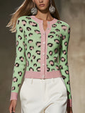 Green Leopard Print Button Up Cardigan With Pink Trim