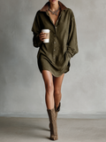 Women's Simple Loose Leather Lapel Spliced Suede Mini Dress