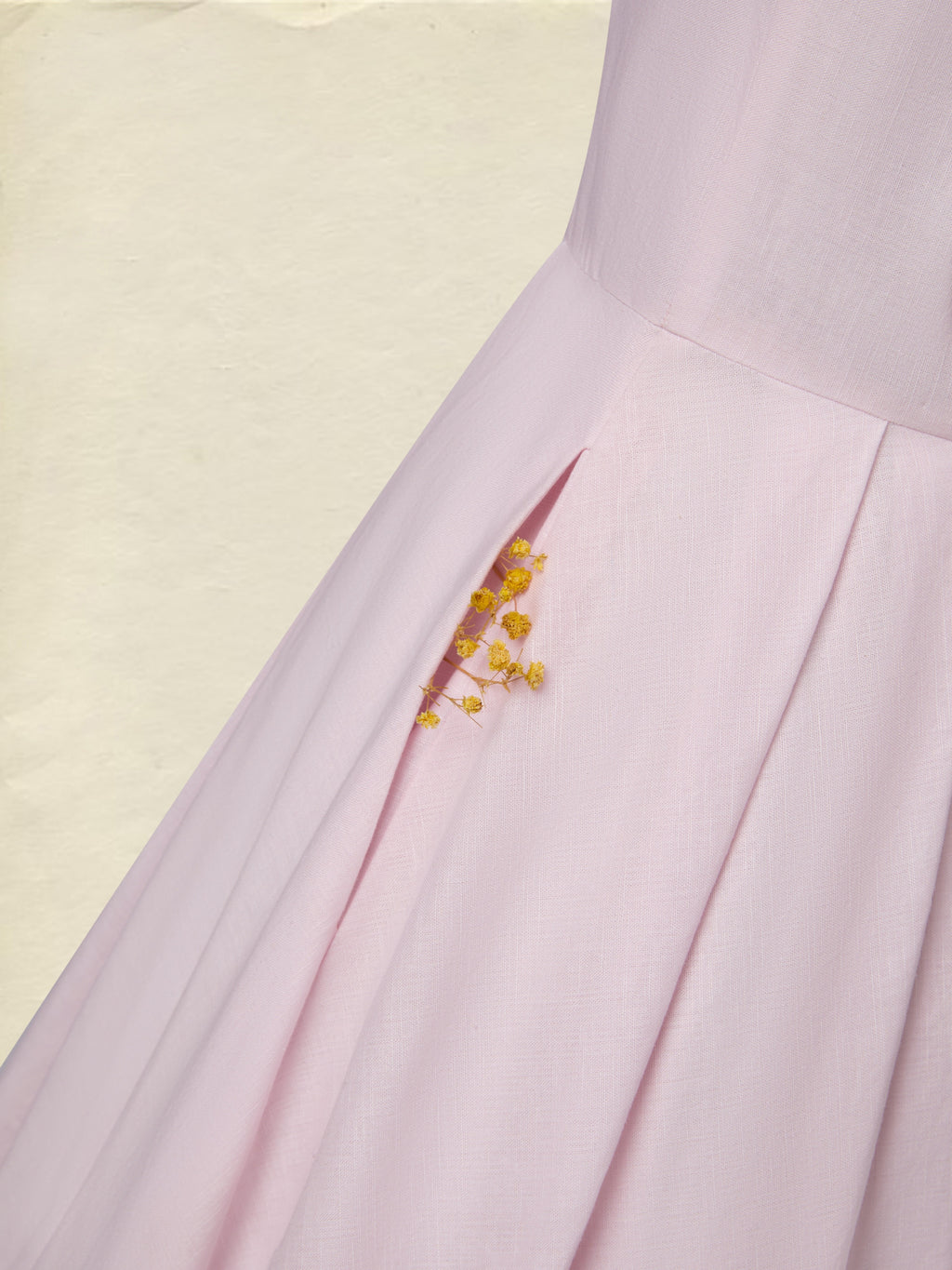 Midi Linen Dress, Half Sleeve, V Neck, Plain, Pocket Design, French Vintage, Light Pink