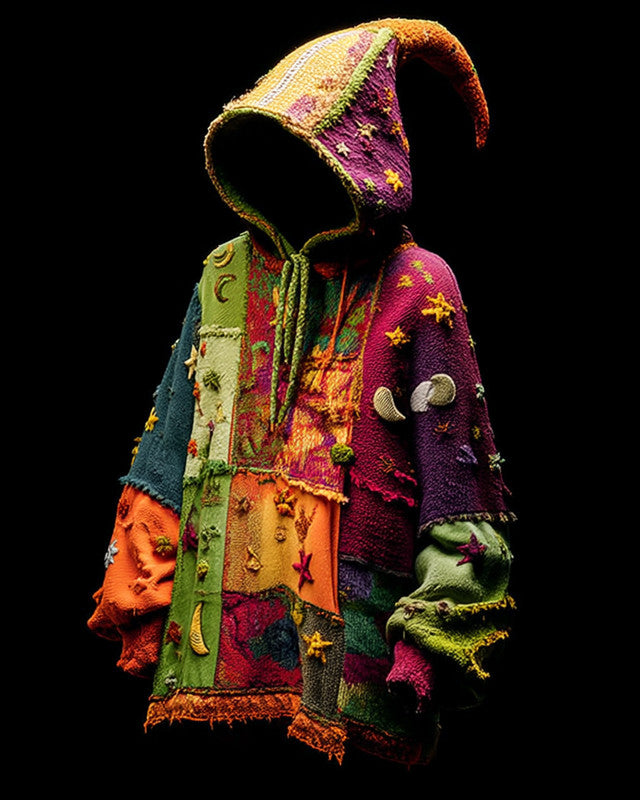 Women's Summer Vacation Stars and Moon Embroidered Linen Patchwork Hooded Sweatshirt  67d3