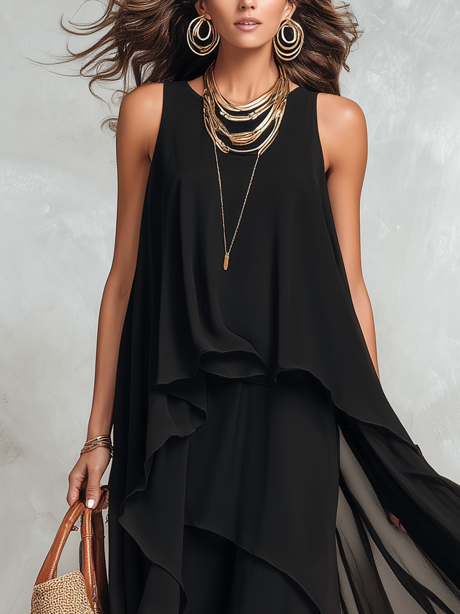 Bohemian Black Layered Chiffon Maxi Dress