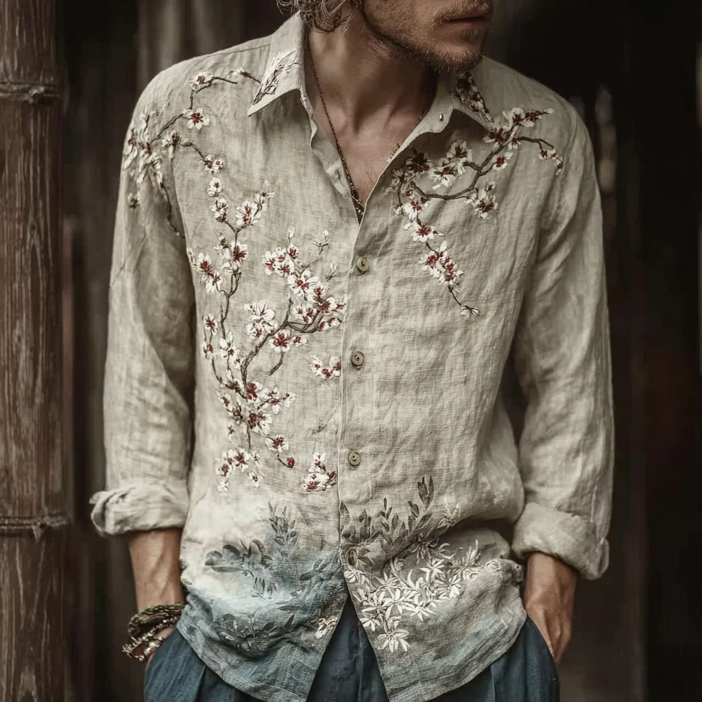 Bohemian Retro Style Floral Print Men's Long-sleeve Shirt
