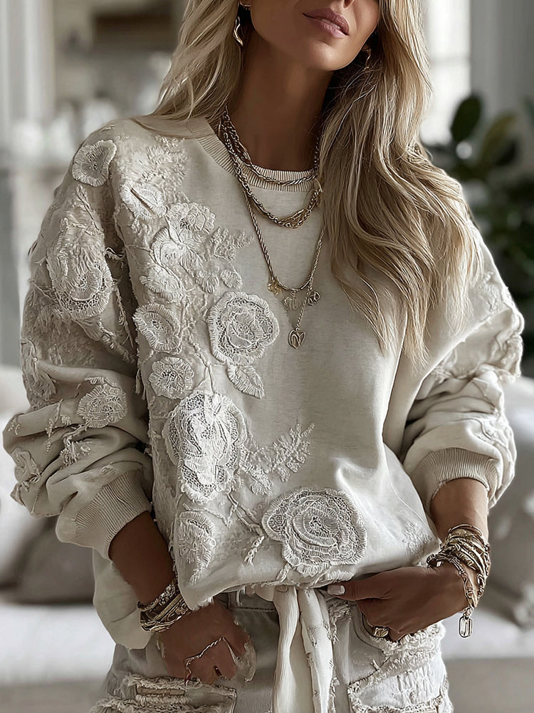 Women's Retro Floral Lace Patchwork Art Cozy Crew Neck Sweatshirt