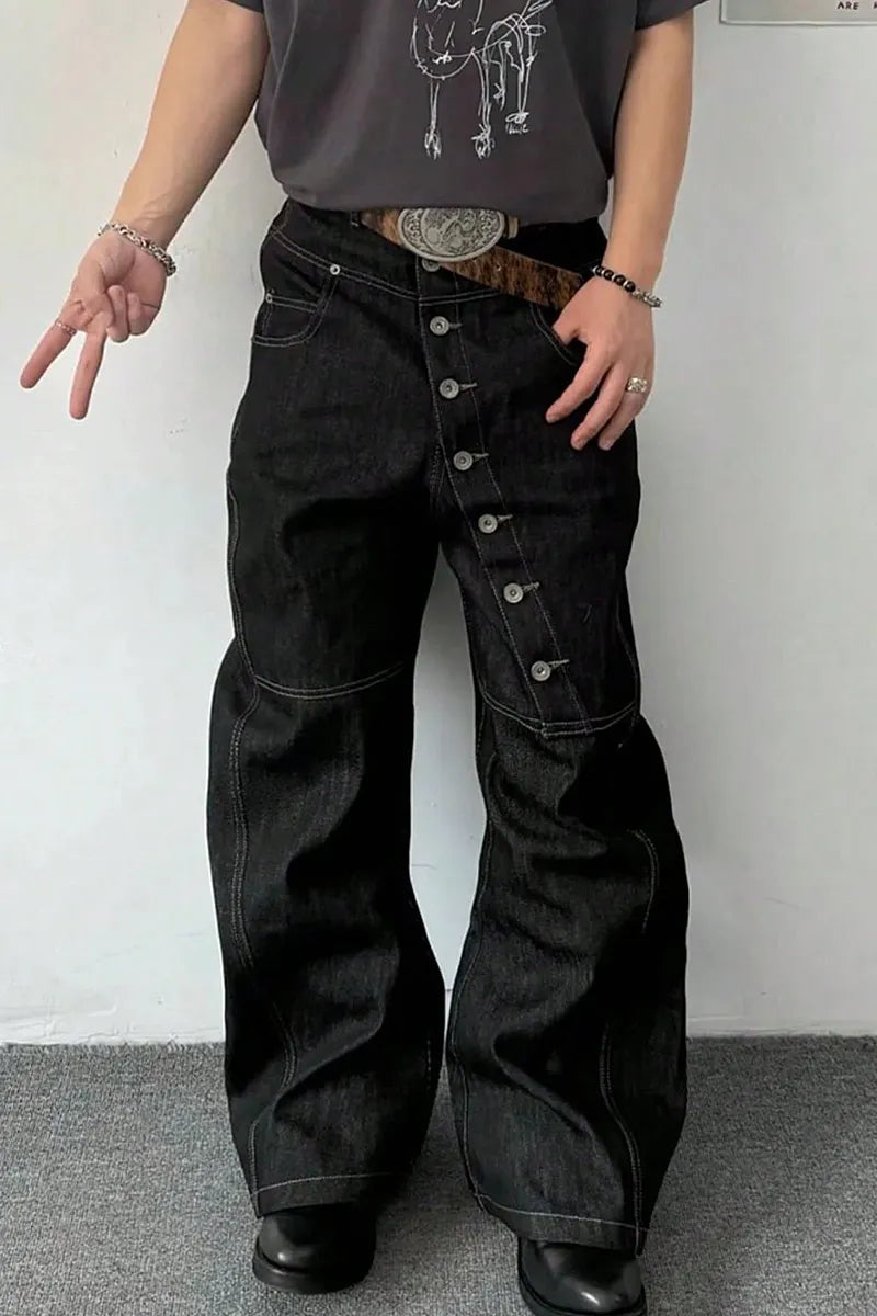 Men's Stitched American-Style Jeans With Unique Button Design