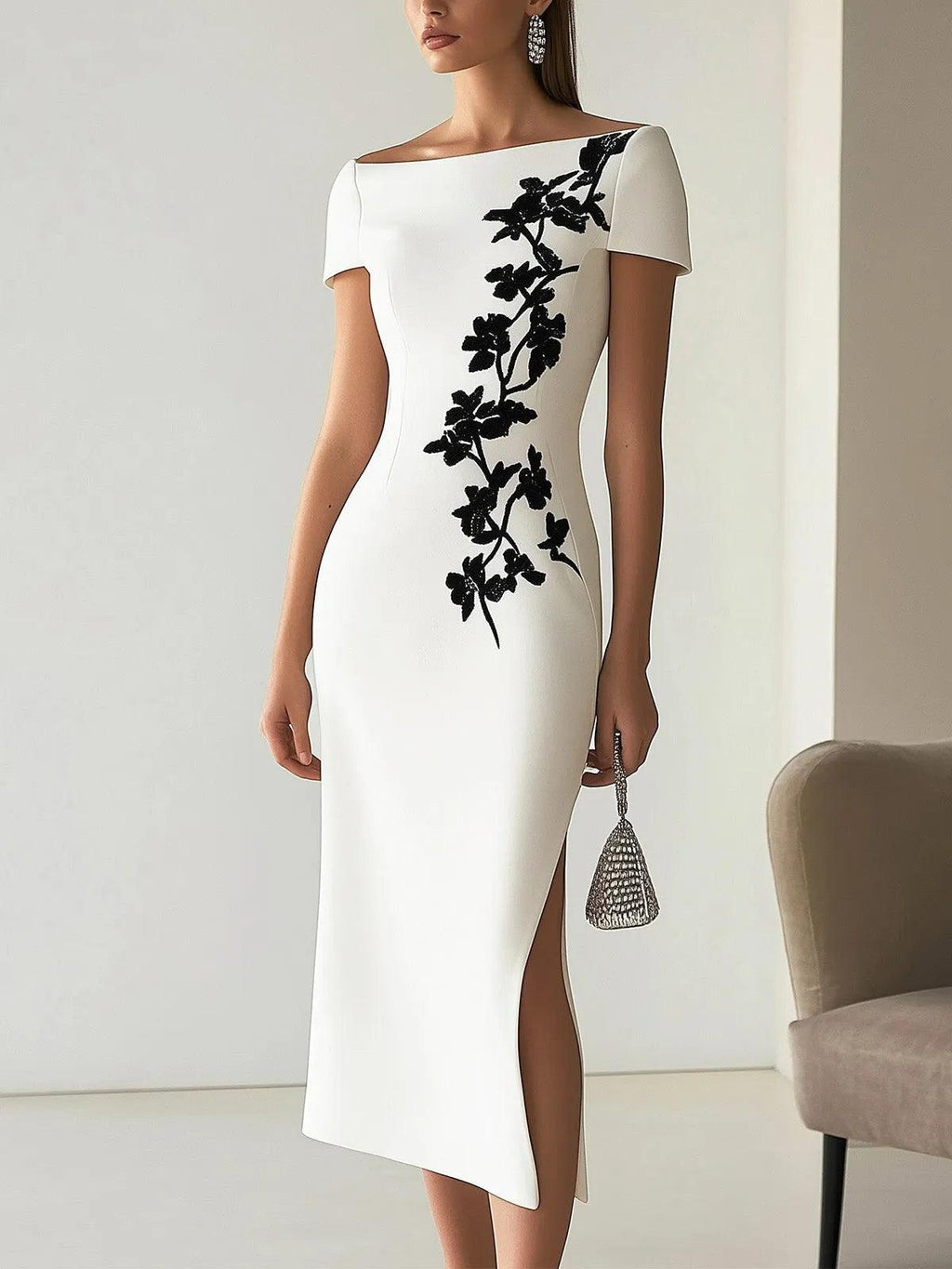 Chic Floral Print Boat Neck Midi Dress