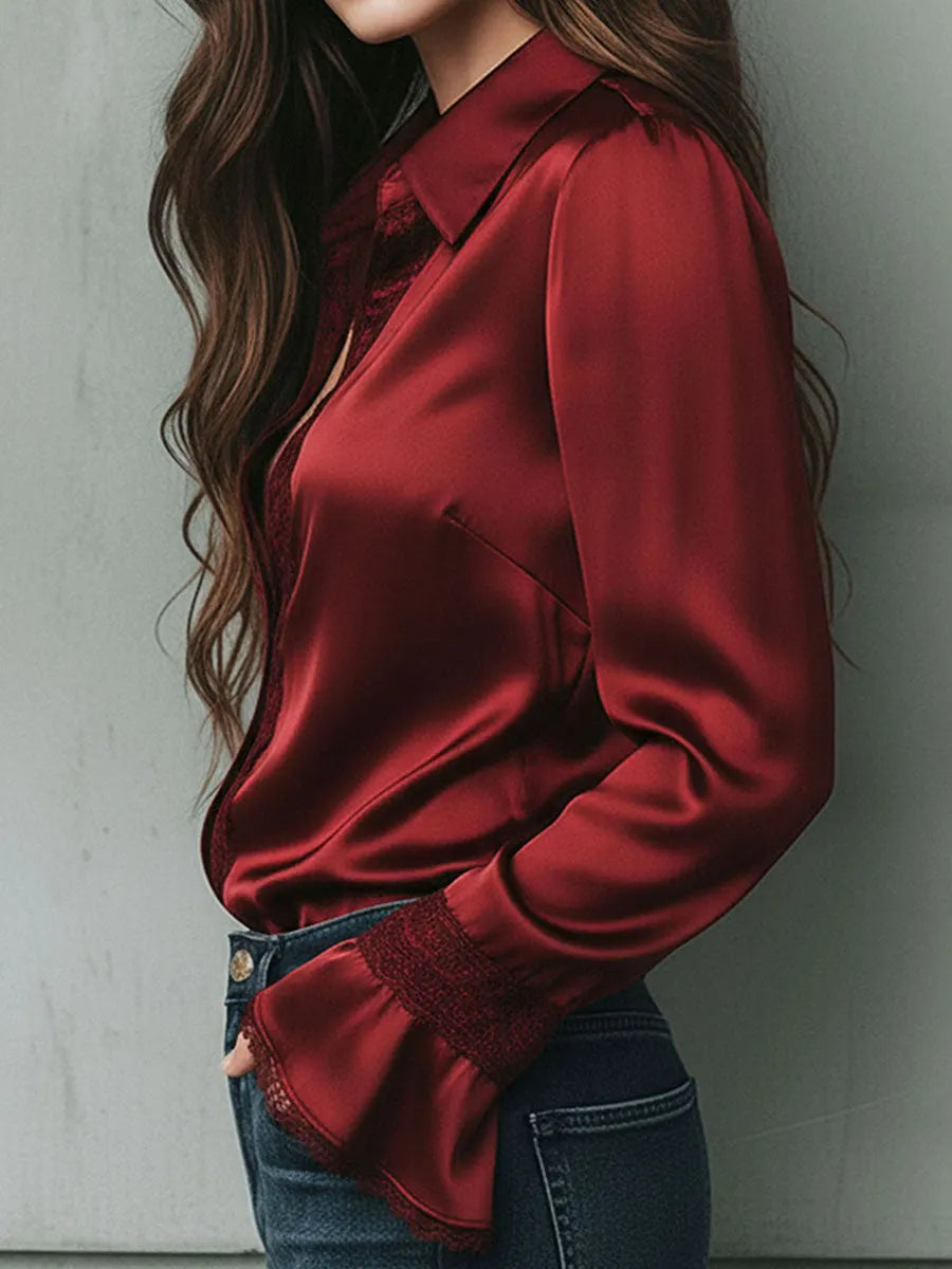 Elegant Burgundy Lace Trim Satin Blouse With Flared Cuffs