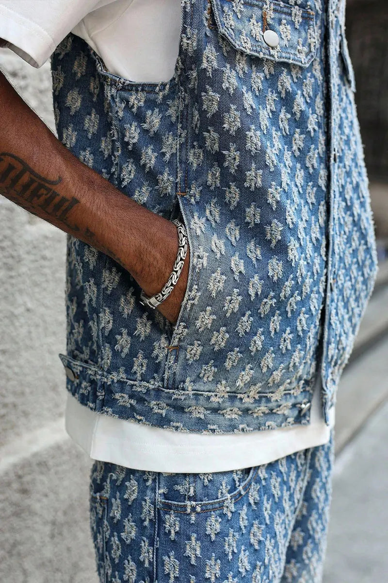 Men's Floral Jacquard Denim Vest Shirt & Stylish Long Pants