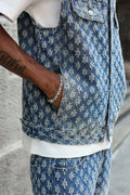 Men's Floral Jacquard Denim Vest Shirt & Stylish Long Pants