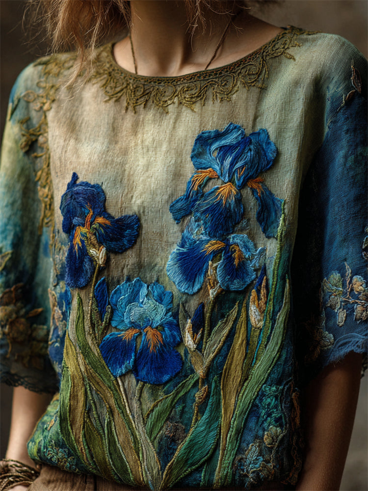 Vintage Irises Embroidered Gradient Flowy Linen Tunic