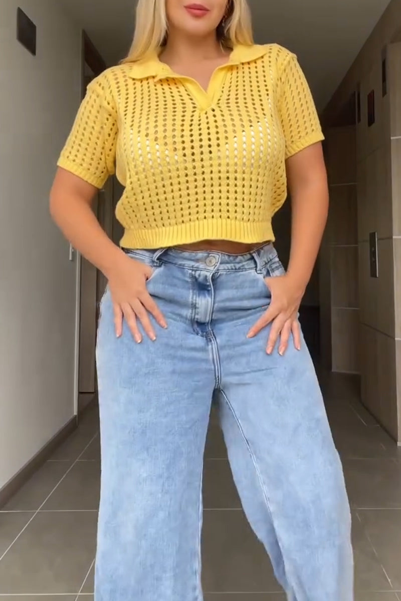 Women's Collar Hollowed Out Solid Color Casual Top