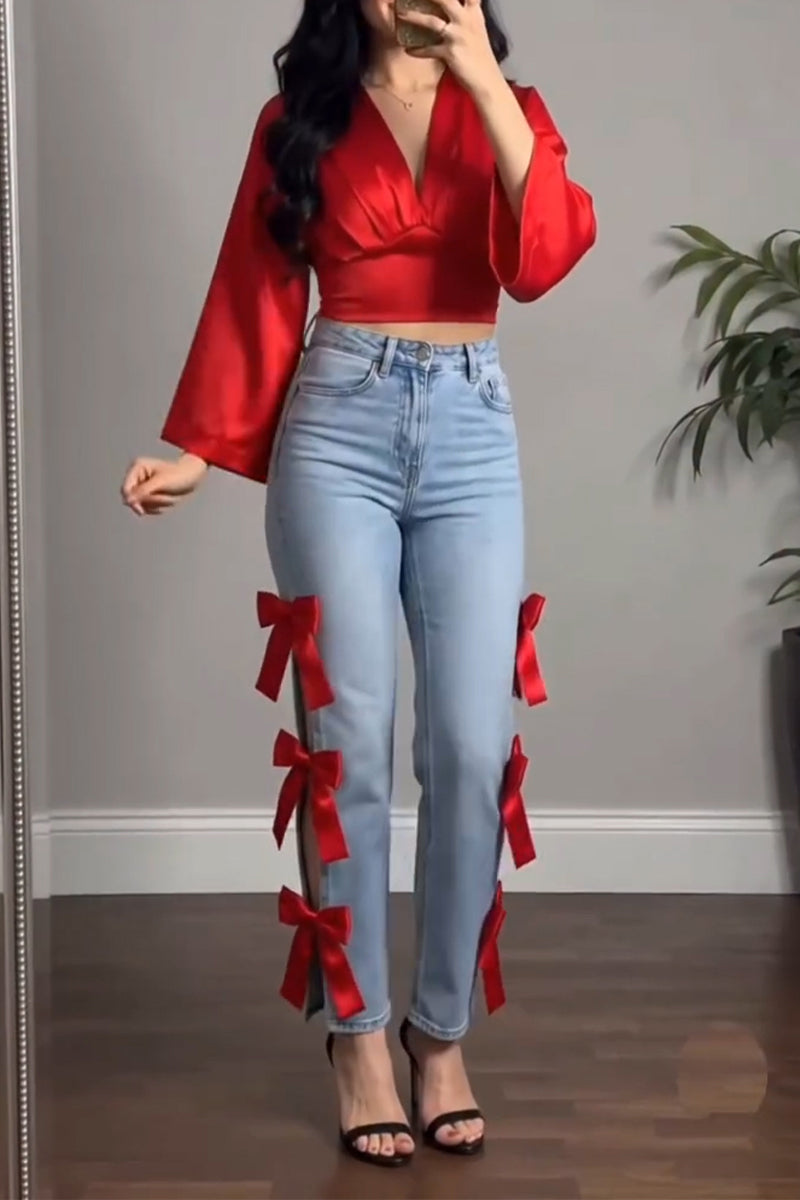 Women's Elegant V-Neck Top or Bow Decor Cutout Jeans
