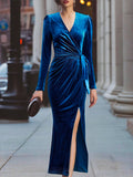 Elegant Midnight Blue Velvet Wrap Midi Dress