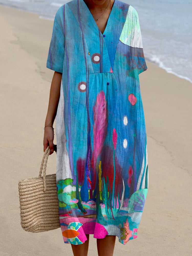 Abstract Floral V-Neck Dress