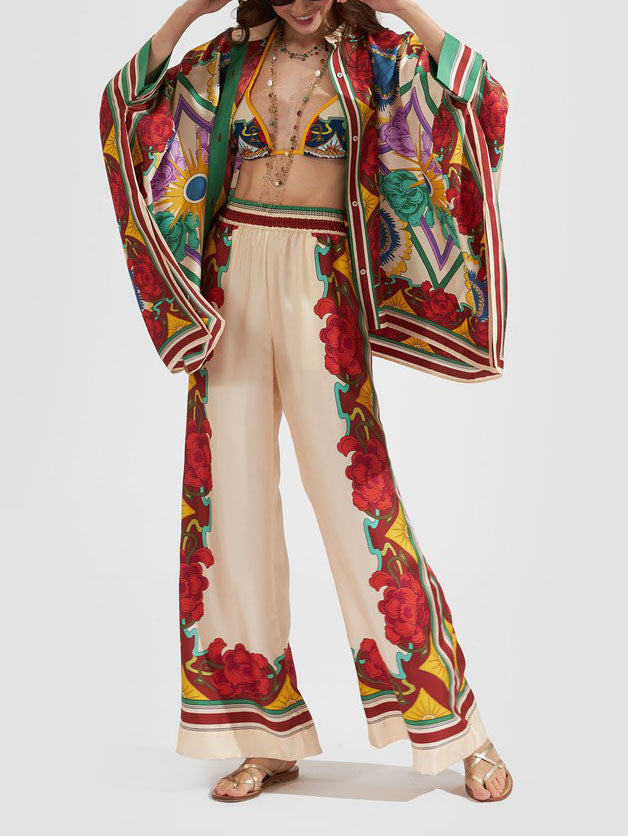 Exquisite Floral Print Elastic Waist Wide-leg Pants