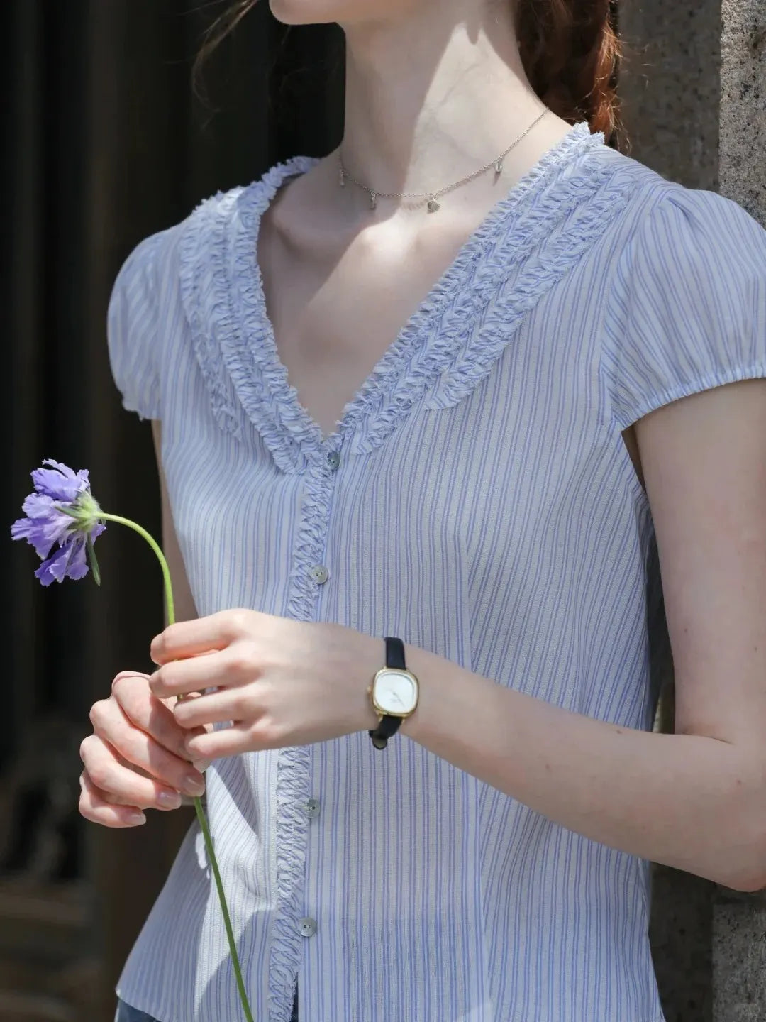 Blue Striped Frill V-neck Shirt