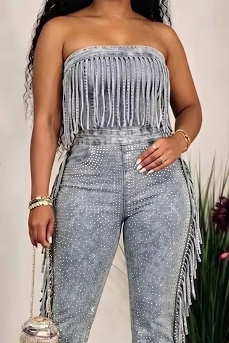 Women's Denim Jumpsuit with Tube Top, Fringe Trim & All-Over Rhinestones