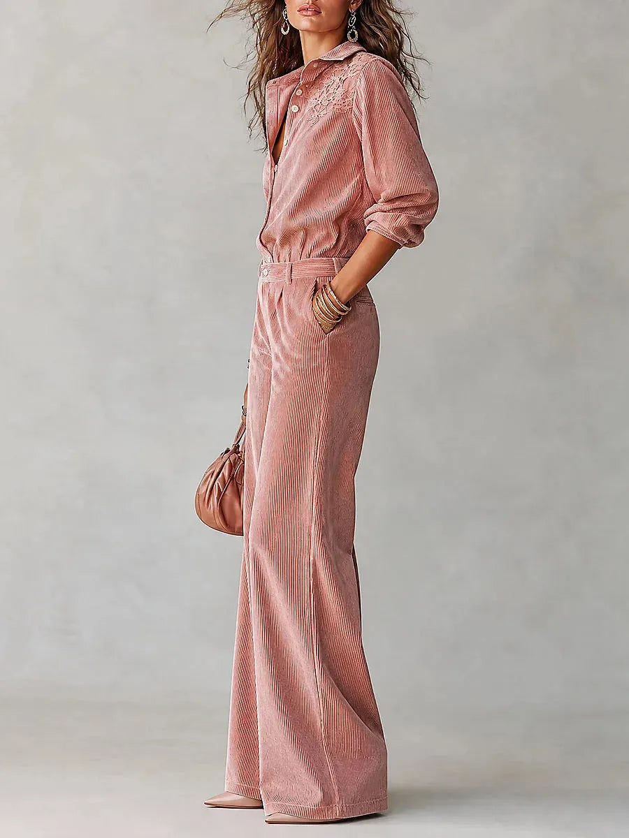 Pink Corduroy Two‑Piece Outfit, Lace Embroidered Shirt & High Waist Wide Leg Pants Set