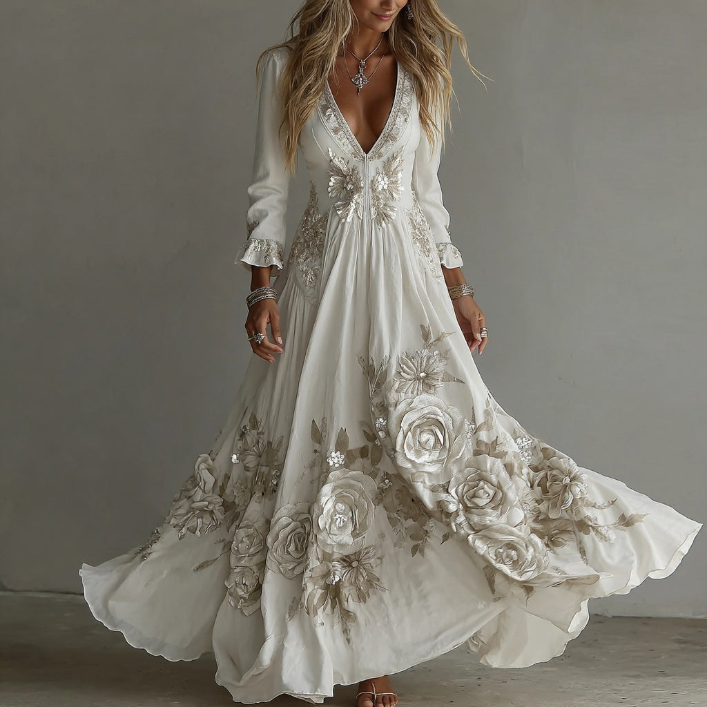 Women's Vintage White Flowers Embroidery Art V-neck Maxi Dress