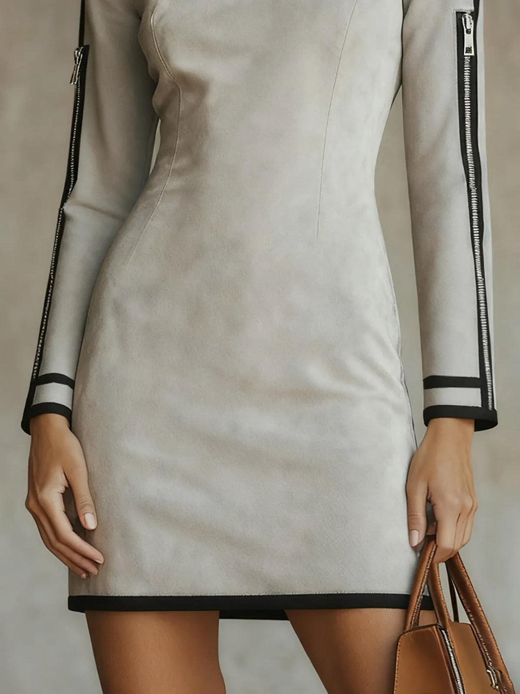 24-Hour-Shipping Gray Faux Suede Mock Neck Mini Dress With Zip Sleeve Detail