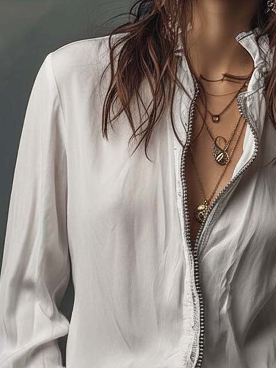 White Zip-Front Blouse With Flounce Cuffs