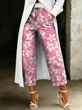 Women's Fashion Cute Floral Artistic Print Casual Loose-fit Wide-leg Jeans