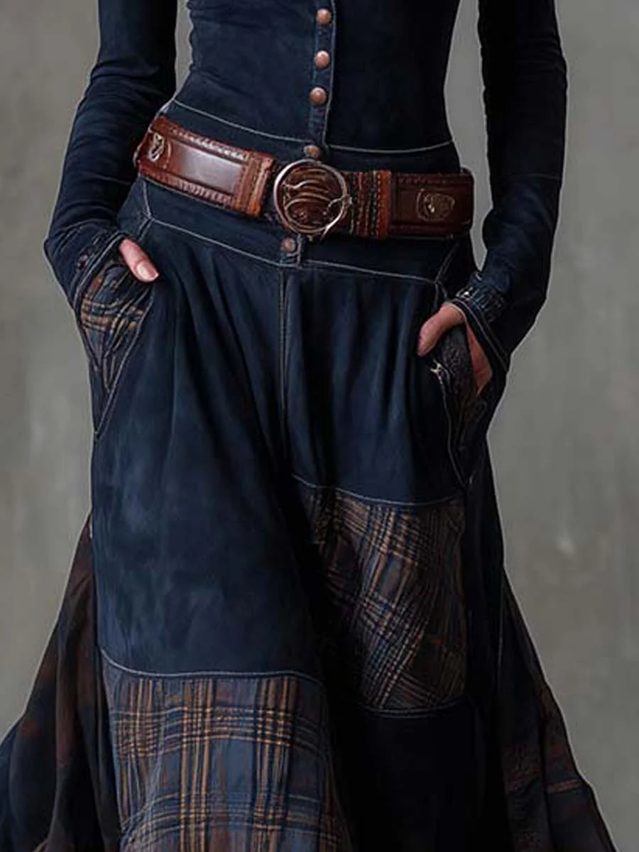 Navy Plaid Paneled Vintage Suede Maxi Dress(with belt)