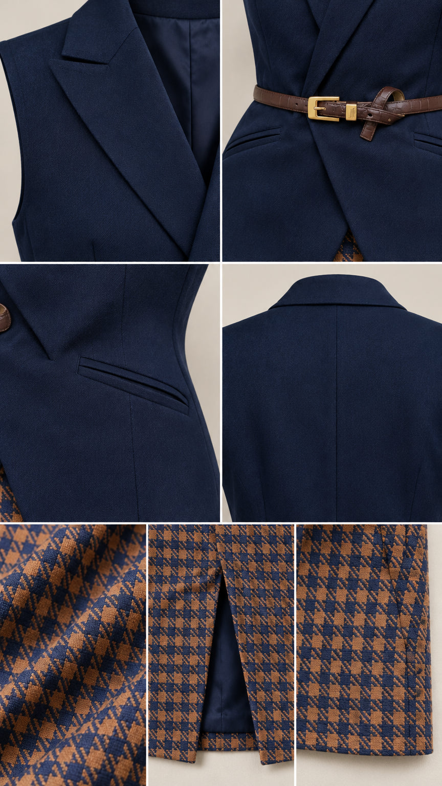 Tailored Sleeveless Belted Blazer Vest and Houndstooth Maxi Skirt Set