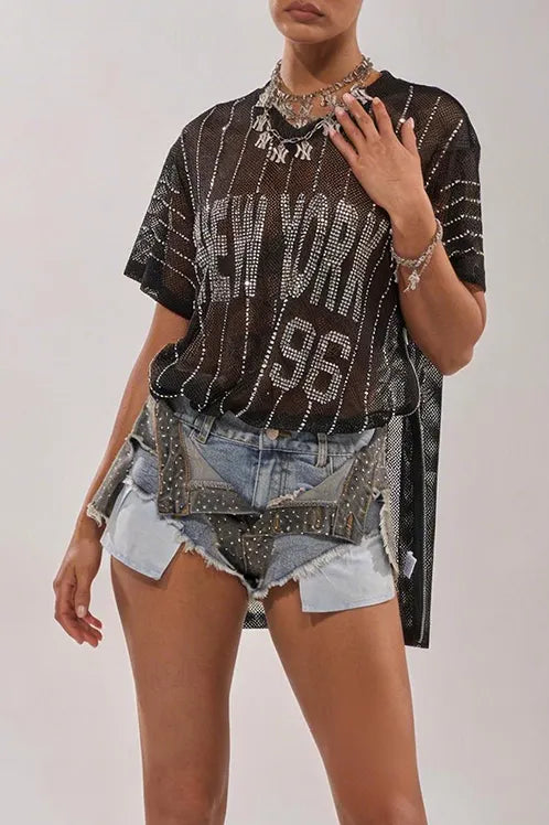 Women's Casual Rhinestone Mesh Top & Layered Denim Shorts