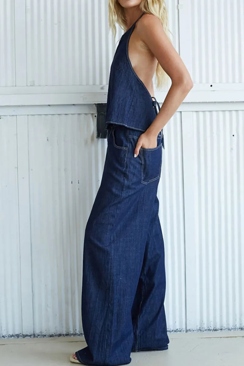 Women's Casual Backless Spaghetti Strap Denim Top& Casual Wide Leg Jeans
