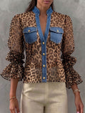 Women's Leopard Print V-neck Long-sleeve Casual Loose Denim Cardigan With Chiffon Panels