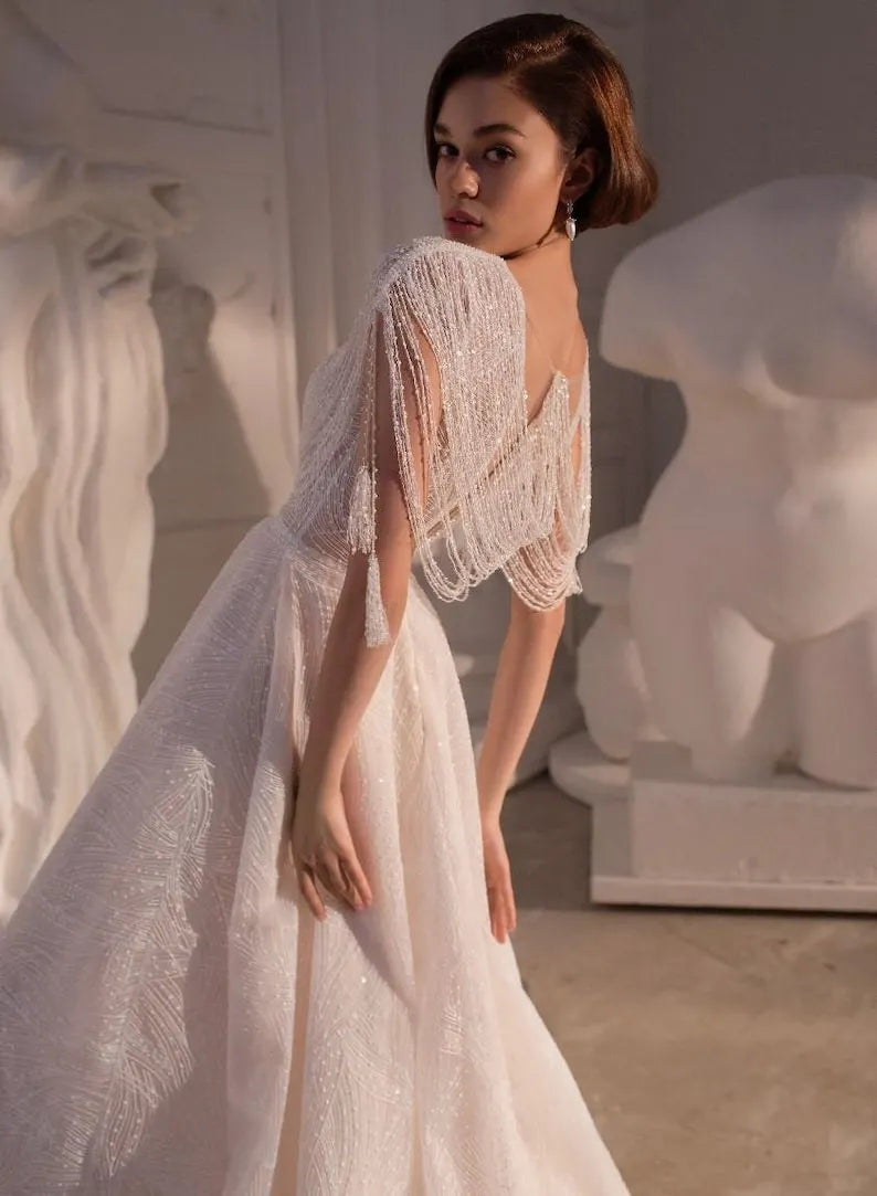 Beautiful Unique Aline Short Cap Sleeves Illusion Back Tassel Wedding Dress Bridal Gown V Neckline