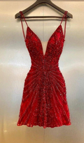 Gorgeous Spaghetti Straps Sequin Beaded Cocktail Dress Red Mini Birthday Outfits Homecoming Dress S349
