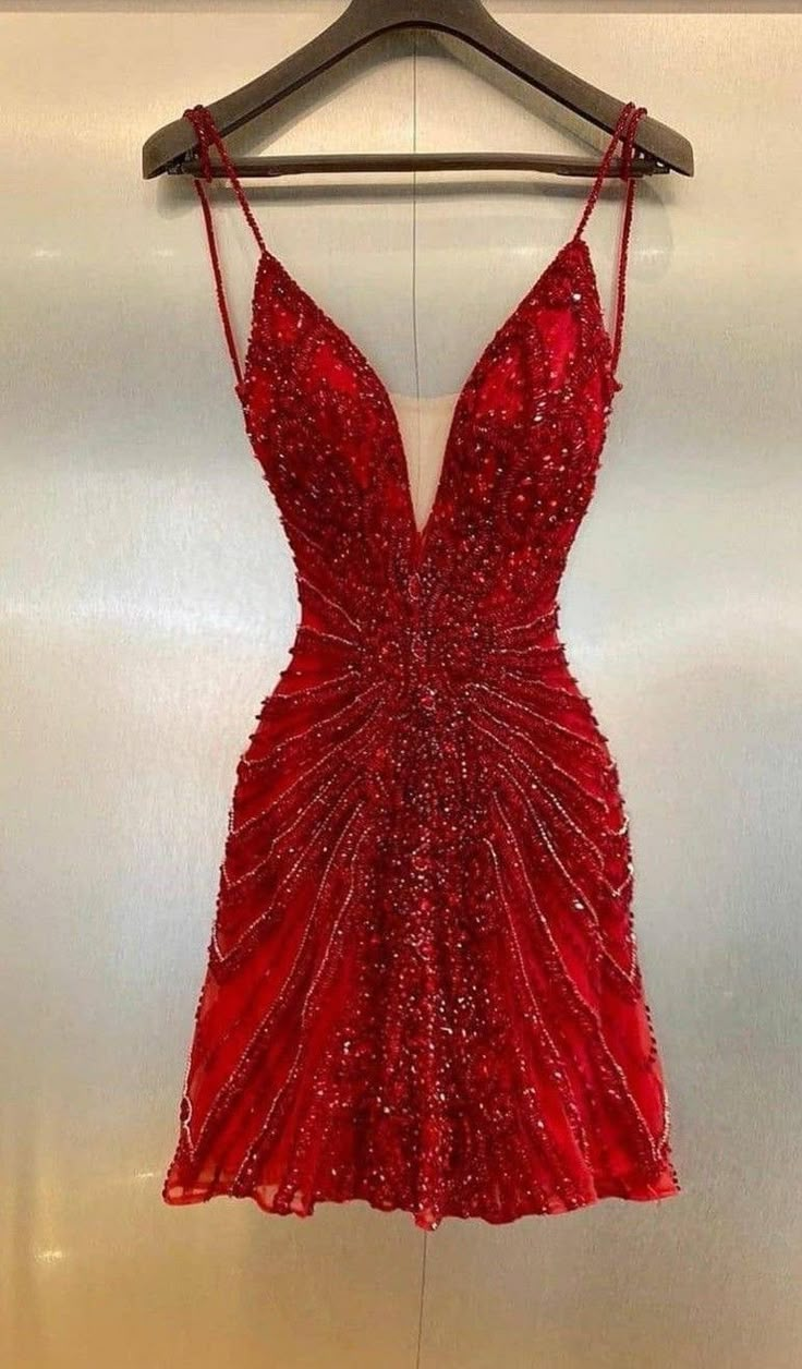 Gorgeous Spaghetti Straps Sequin Beaded Cocktail Dress Red Mini Birthday Outfits Homecoming Dress S349