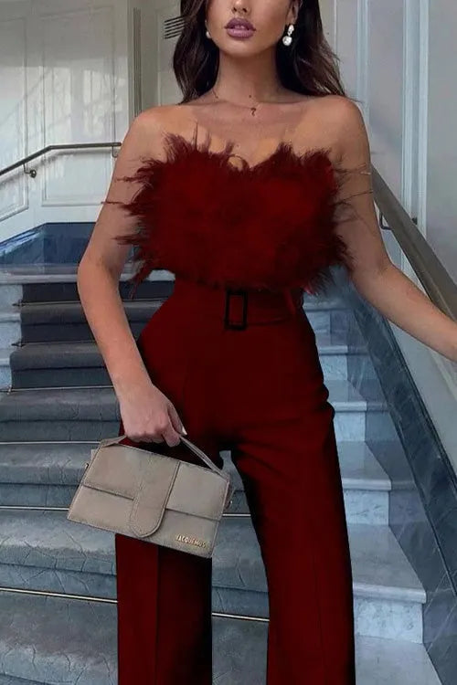 Feather Sexy Off Shoulder Sleeveless Slim Jumpsuit