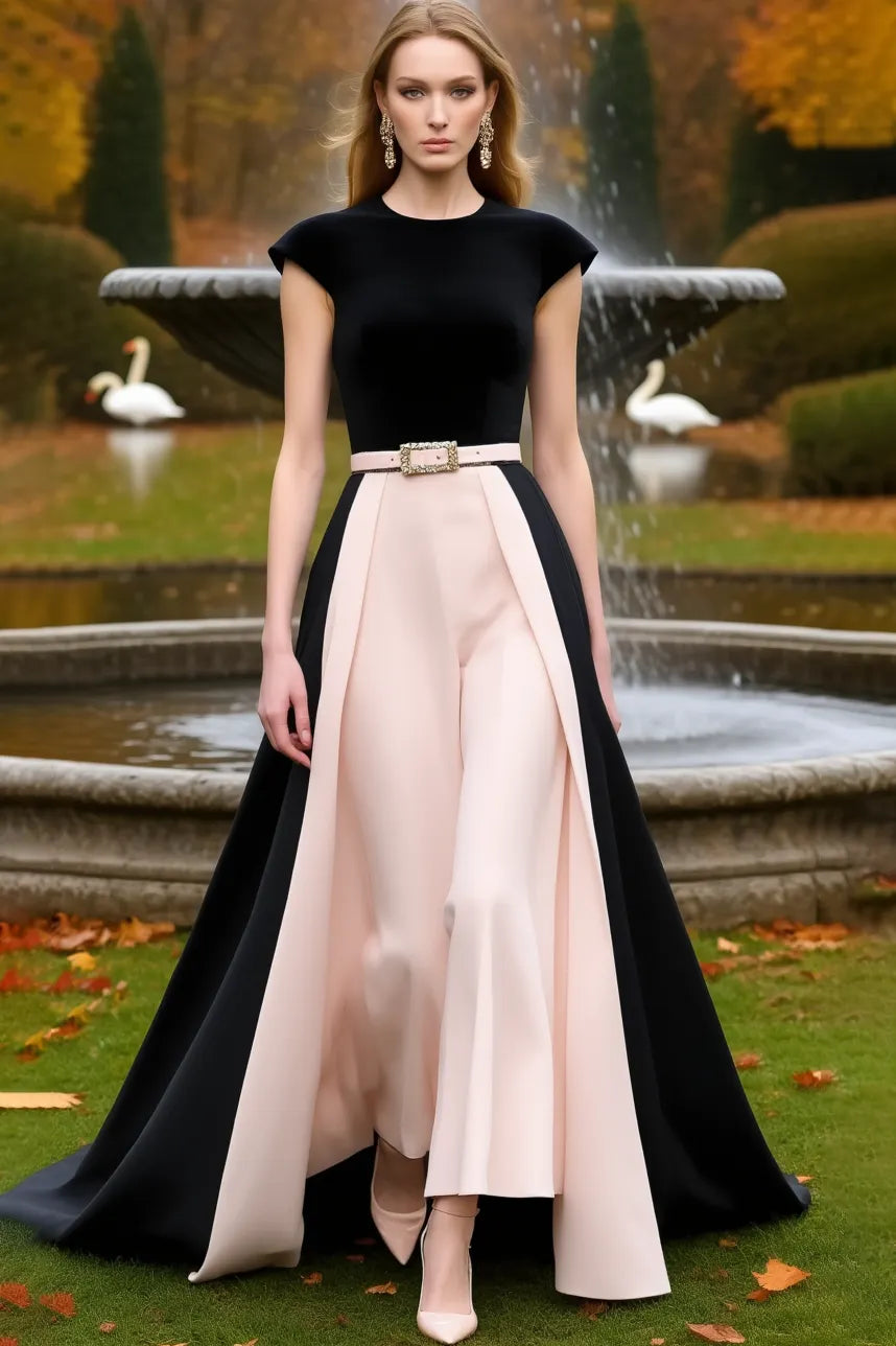 Formal Wedding Guest Jumpsuit Pink Crew Neck Belted with Train