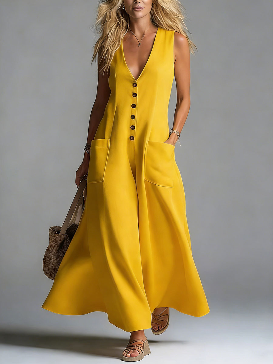 Women's Casual Pocket Deep V-neck Solid Color Casual Dress