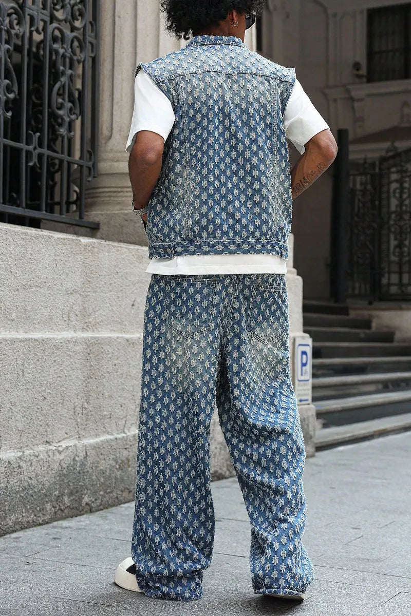 Men's Floral Jacquard Denim Vest Shirt & Stylish Long Pants